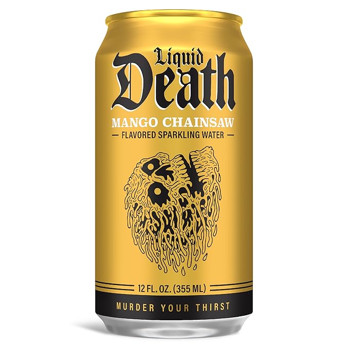 Liquid Death, Mango Chainsaw, Soda-Flavored Sparkling Water, 12-Pack (12oz Cans), Low Sugar, Huge Flavor & No Artificial Sweeteners