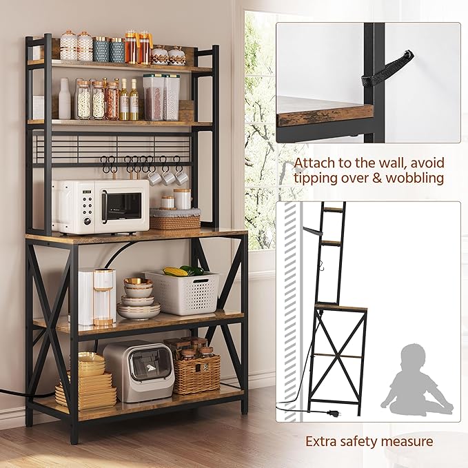 Yaheetech Kitchen Bakers Rack with Power Outlet & LED Lights, 5 Tiers Coffee Bar Table with 8 S Hooks, 64 Inches Tall Microwave Oven Stand with Storage for Spices, Pots, Rustic Brown