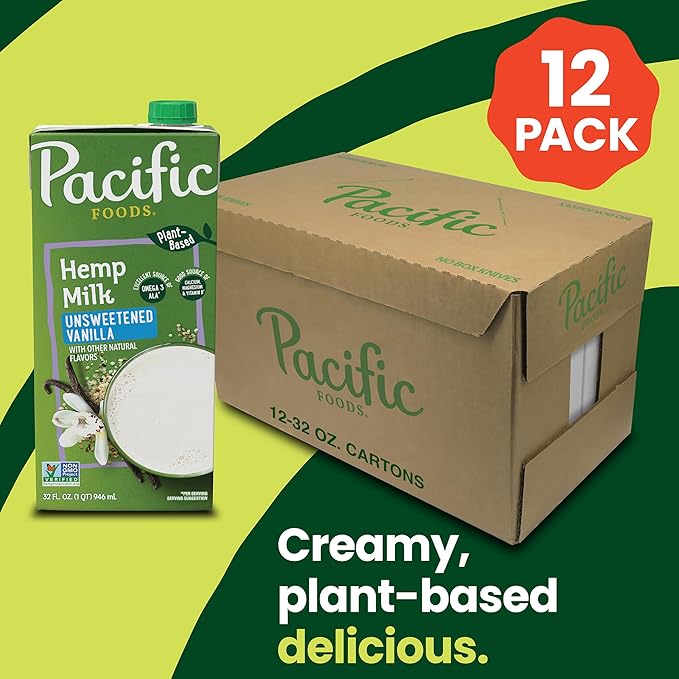 Pacific Foods All Natural 32Oz Boxes Keto Friendly, Unsweetened Hemp - Vanilla, 384 Fl Oz, Pack of 12