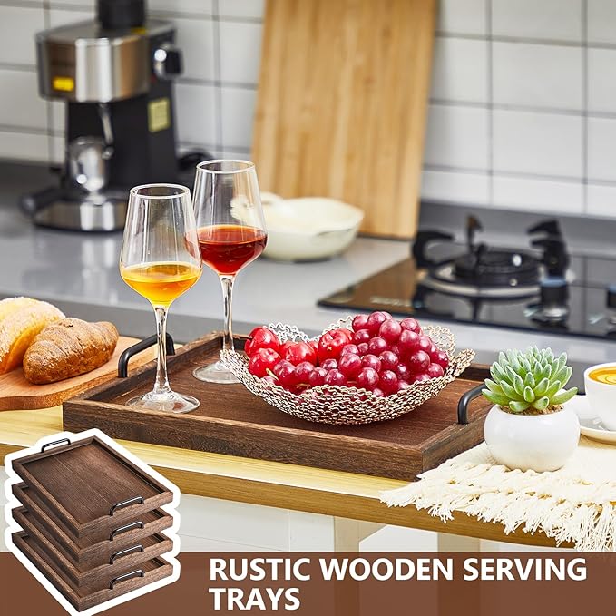 Lallisa 4 Pcs Large Wooden Serving Trays Decorative 15.75 x 11.81 x 2.36 Inch Ottomantray Rustic with Handle for Banquet Party Rectangular Lap Tray for Breakfast Coffee Table Picnic Bed Eating