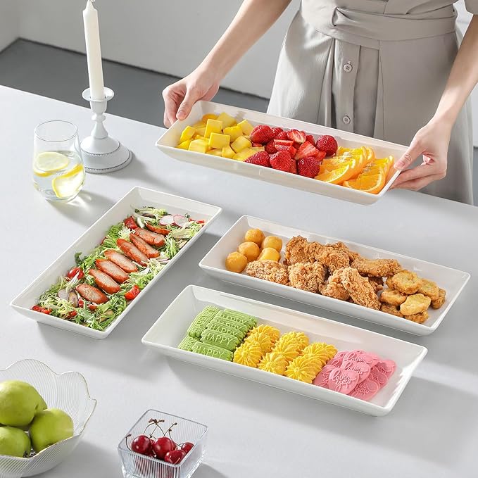 MALACASA Serving Platters Set of 4, Ceramic Serving Platters and Trays for Serving Food, Rectangular Serving Trays for Party, Large Serving Plates, Party Serving Trays and Platters - 14 Inch, White