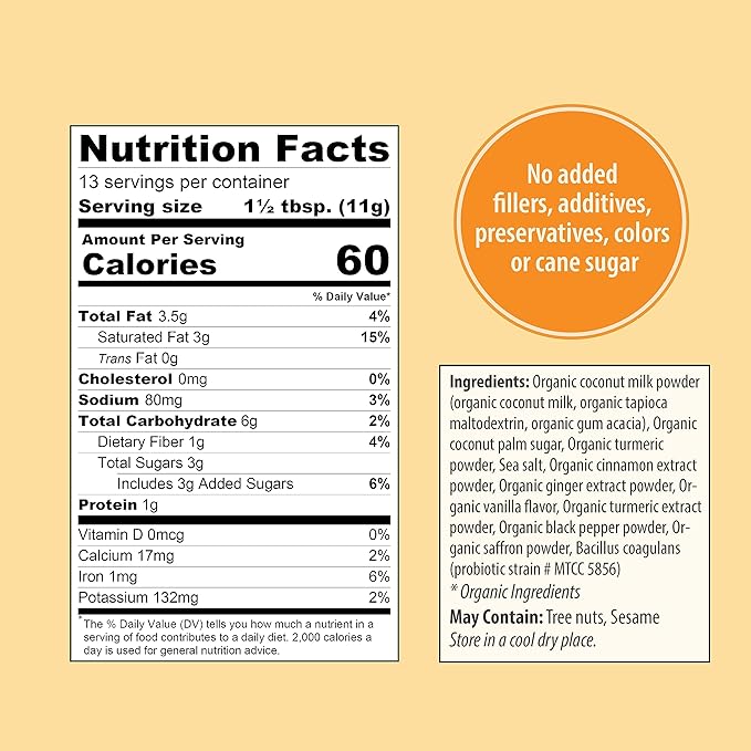 Organic Traditions Turmeric Latte – Creamy Coconut Milk Base – Saffron & Turmeric Blend – Easy to Mix – Sweetened with Coconut Palm Sugar – 1 Billion Probiotics per Serving - 150g/5.3oz Bag