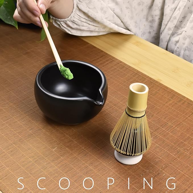 Artcome 4 Pcs Complete Matcha Ceremony Kit - Bowl With Pouring Spout, Whisk, Holder, Scoop - Japanese Tea Set for Making Usucha, Koicha and Latte (Black)