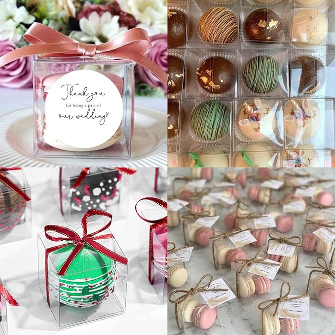 100 Pack 3x3x3 Inch Clear Plastic Bakery Boxes for Hot Chocolate Bombs, Small Pastries & Cookies