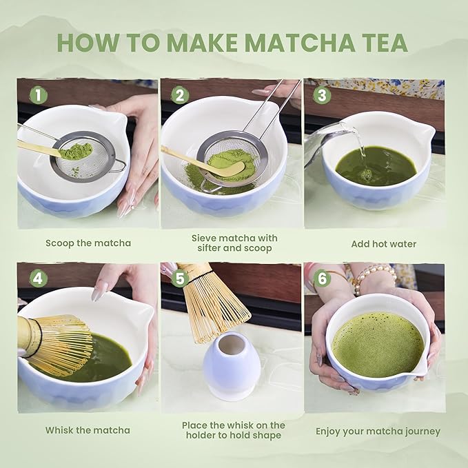 7-Pcs Matcha Whisk Set - Ceramic Matcha Set Includes Bowl,Whisk,Holder,Bamboo Scoop,Scoop Rest,Sifter & Tea Towel – Japanese Traditional Tea Kit for Beginners & Tea Lovers (Gradient Blue)