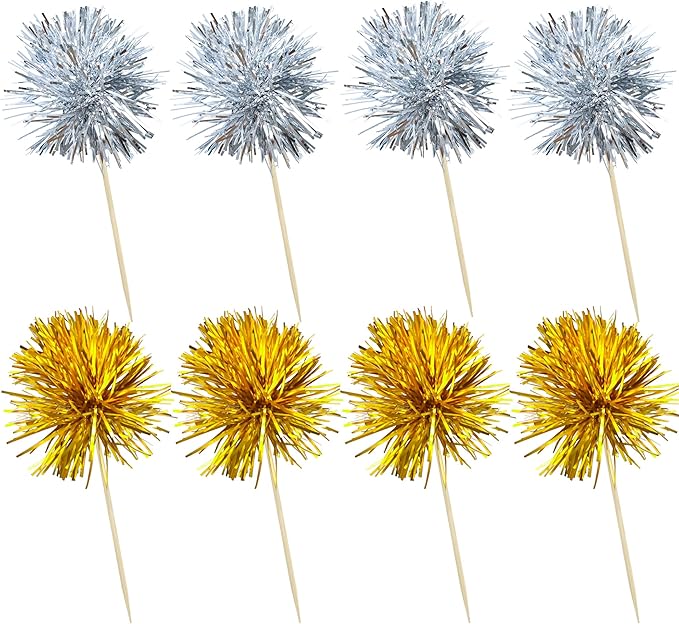 Ephlyn 30Pcs Foil Firework Cupcake Toppers Party Birthday Cake Toppers Supplies Sparkle Tinsel Cocktail Fruit Toothpick for Birthday Wedding Graduation Party Supplies Gold Silver