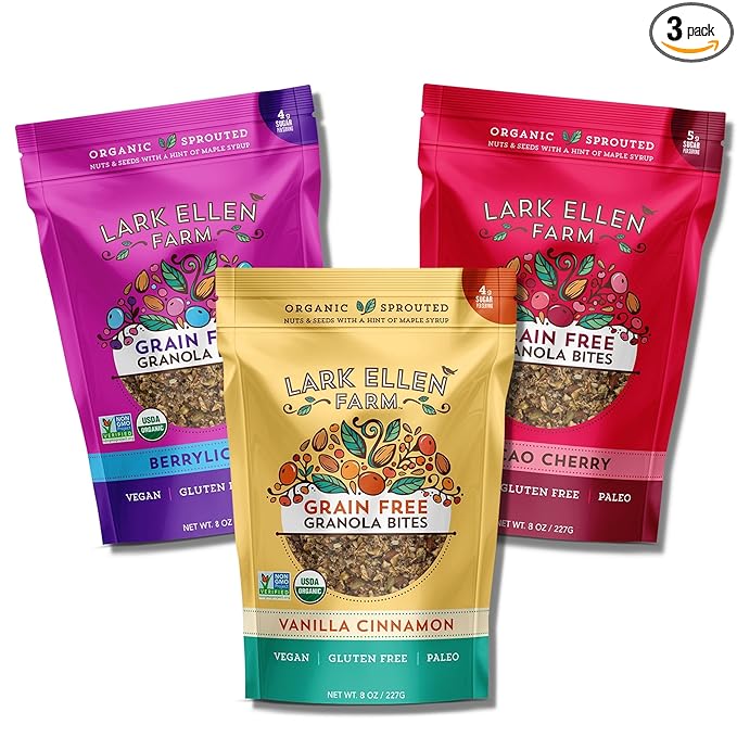 Lark Ellen Farm Vanilla Cinnamon, Cacao Cherry, Berrylicious Grain Free Granola Clusters, Crunchy Gluten Free Bites for a Healthy Snack, Healthy Breakfast, Cereal or Yogurt 8 oz - 3 Count