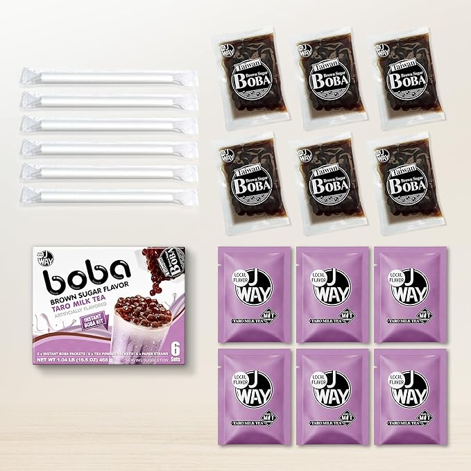 J WAY Instant Boba Bubble Pearl Taro Milk Tea Kit with Authentic Brown Sugar Tapioca Boba, Ready in Under One Minute, Paper Straws Included - 6 Servings