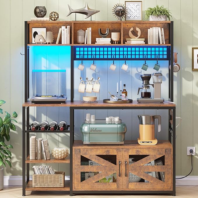 Itaar 47.2 Inch Bakers Rack with Power Outlet, Microwave Stand with Storage, Farmhouse Coffee Bar Cabinet Station with Wine Rack, Iron Grid and 8-S Hooks (Rustic Brown)