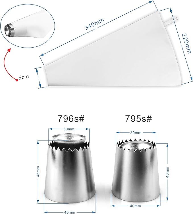 Cake Decorating Set, 2 Pieces Stainless Steel Icing Piping Nozzles Tips Kit with Reusable Piping Bag - Christmas Birthdays Anniversary Wedding Cakes Cookies Dessert Pastry DIY Making Tools