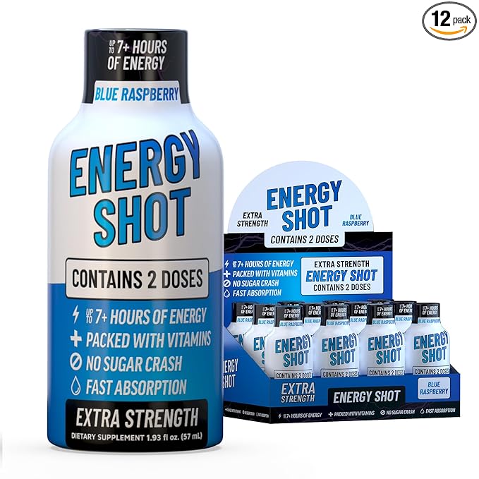 Blue Raspberry Extra Strength Energy Shot 12 pk – 260mg Natural Caffeine B12 B6 – Energy & Focus Support – 2 Servings Sugar Free Zero Calorie Green Tea B-Vitamins Electrolytes Vegan – 1.93 fl oz