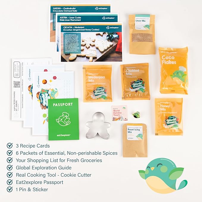 eat2explore Kids Real Dessert Baking Kit for Families | Includes 3 Recipe Cards from Sweden, Croatia and Austria with Key Ingredients, Baking Tools, Fun Kids Explorer Guide | Explore Europe