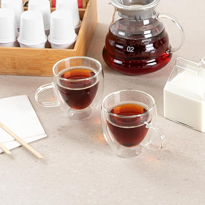 Restaurantware-Forma Professional 5.1 Ounce Glass Coffee Cups, 12 Insulated Coffee Cups With Handle - Dishwashable, Reusable, Clear Double Wall Beverage Tumblers, Freezable, For Hot Or Cold Beverages