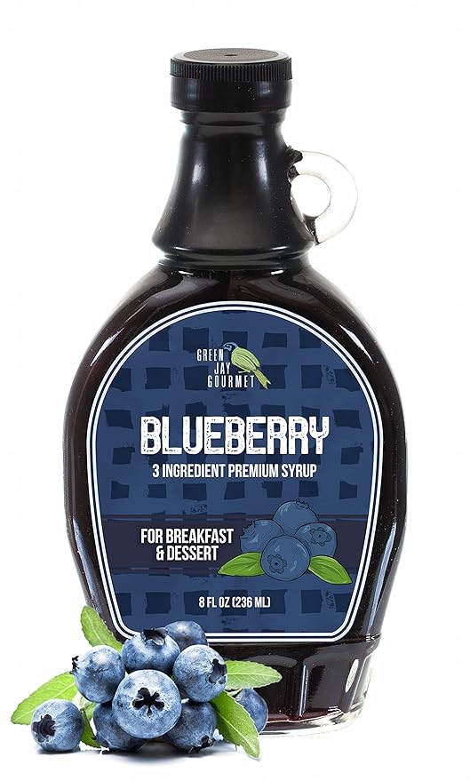 Green Jay Gourmet Blueberry Syrup - 3 Ingredient Premium Breakfast Syrup with Fresh Blueberries, Cane Sugar & Lemon Juice - All-Natural, Non-GMO Pancake Syrup, Waffle Syrup & Dessert Syrup - 8 Ounces