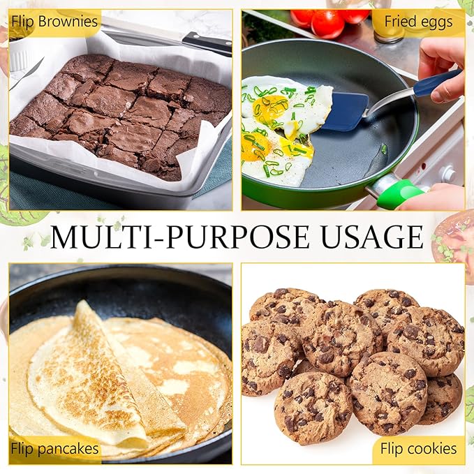 Silicone Cookie Spatula Turner 2 Pack Mini Brownie Spatula Flexible Kitchen Small Silicone Turner for Nonstick Cookware Heat Resistant No Scratch Flipper for Egg Pancake(Black,Blue)