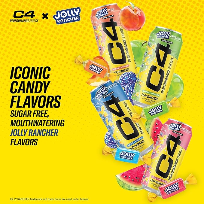 Cellucor C4 Performance Energy Drink | JOLLY RANCHER Watermelon | Zero Sugar Carbonated Preworkout Energy | 200mg Caffeine with Beta Alanine | 16 Fl Oz (24 Pack)