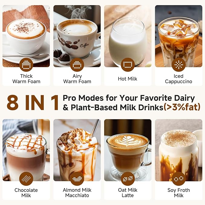 AMZCHEF 8-IN-1 Milk Frother and Steamer 600W w/Smart Touch Control, 17oz/500ml Detachable Frother for Coffee, Automatic Warm and Cold Foam Maker, Hot Chocolate Maker, Dishwasher Safe