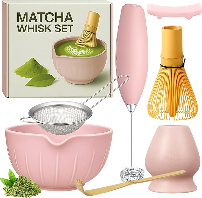 Matcha Whisk Set with Matcha Bowl - Matcha Set Included Electric Frother, Bamboo Whisk, Matcha Spoon, Bamboo Holder, Sifter, Spoon Stand (Simple Pink)
