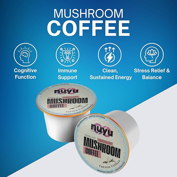 Nuyu Mushroom Coffee Pods, K-Cups, 100% Medium Roast Arabica Coffee with Lion's Mane, Reishi, Chaga, Cordyceps, 2000mg per Pod (12, French Vanilla)