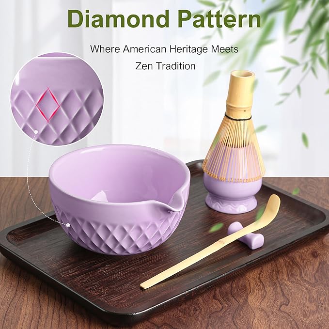 Matcha Whisk Set, 7 Pcs Matcha Kit, Ceramic Matcha Set Includes Matcha Bowl with Spout, Matcha Whisk and Holder, Bamboo Scoop, Scoop Rest, Sifter and Tea Towel (Royal Purple)