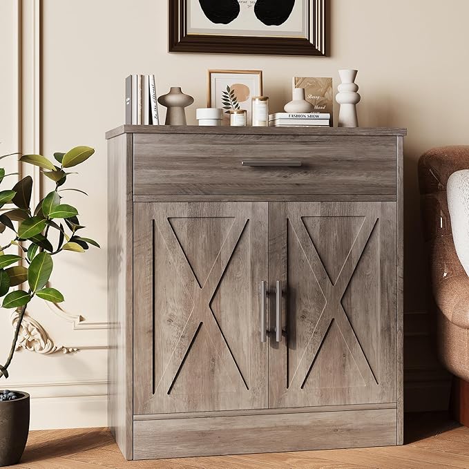 Vongrasig Sideboard Buffet with Storage, Modern Kitchen Storage Cabinet with 1 Drawer and 2 Doors, Wood Coffee Bar Buffet Table for Kitchen, Dining Room, Ash Grey