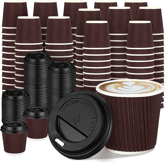 Uiifan 100 Set 4oz Disposable Espresso Cups with Lids Ripple Corrugated Paper Disposable Coffee Insulated Hot Ripple Cups for hot Chocolate, Tea, and Cocoa Drinks (Coffee Color)