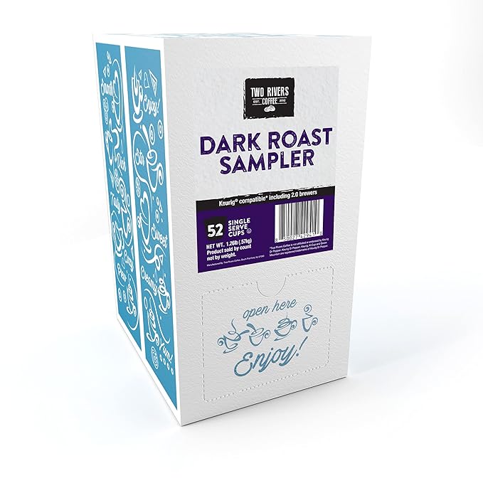 Two Rivers Coffee Dark Roast Coffee Pods Sampler Compatible with K Cup Brewers Including 2.0, Single Serve Variety Pack, 52 Count