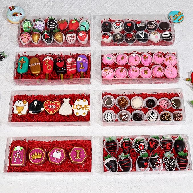 24PCS 12x5x2 Inches Clear Treat Boxes for Chocolate Covered Strawberries, Cocoa Bombs, Donuts, Muffins, Pastries, Bakery, Cookie, Macaron, Gift Boxes for Party Favors