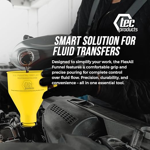 FlexAll Long Flexible Funnel for Automotive Use - Durable Nitrile Rubber - Ideal for Car Oil Change, Transmission Funnel Fluid, Diesel, Fuel, Gas - Made in USA - Yellow (12 x 4 Inches)
