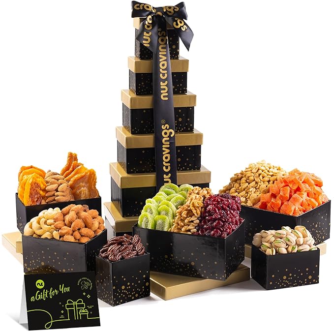 NUT CRAVINGS - Thanksgiving Dried Fruit & Mixed Nuts Gift Basket in Black Tower + Ribbon (12 Assortments) Holiday Xmas Christmas Food Arrangement, Healthy Snack Care Package