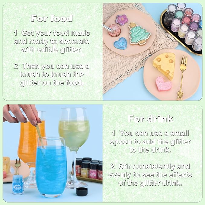 Iridescent Green Edible Glitter - 5g Food Grade Cake Decorating Shimmering Glitter, Edible Sprinkle Luster Dust for Drinks, Chocolates, Fondant, Strawberries, Cupcakes, Candy, Cookie - Vegan