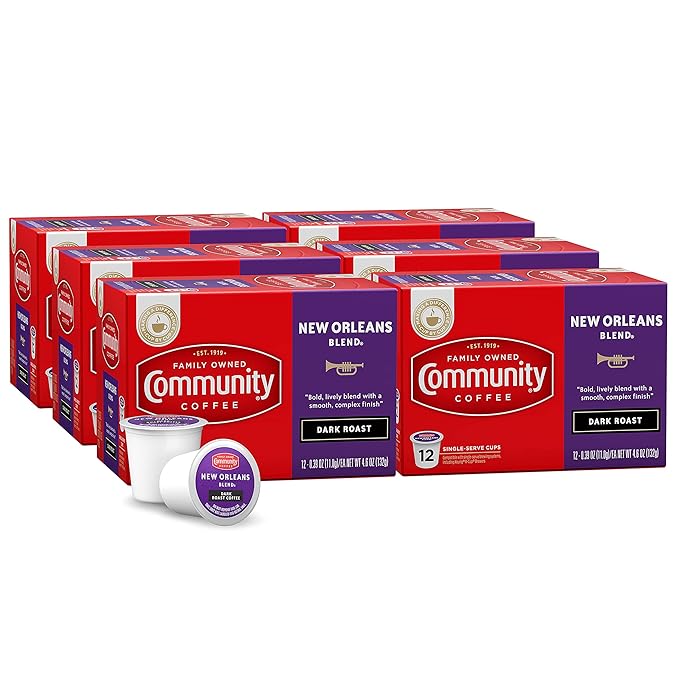 Community Coffee New Orleans Blend 72 Count Coffee Pods, Special Dark Roast, Compatible with Keurig 2.0 K-Cup Brewers, 12 Count (Pack of 6)