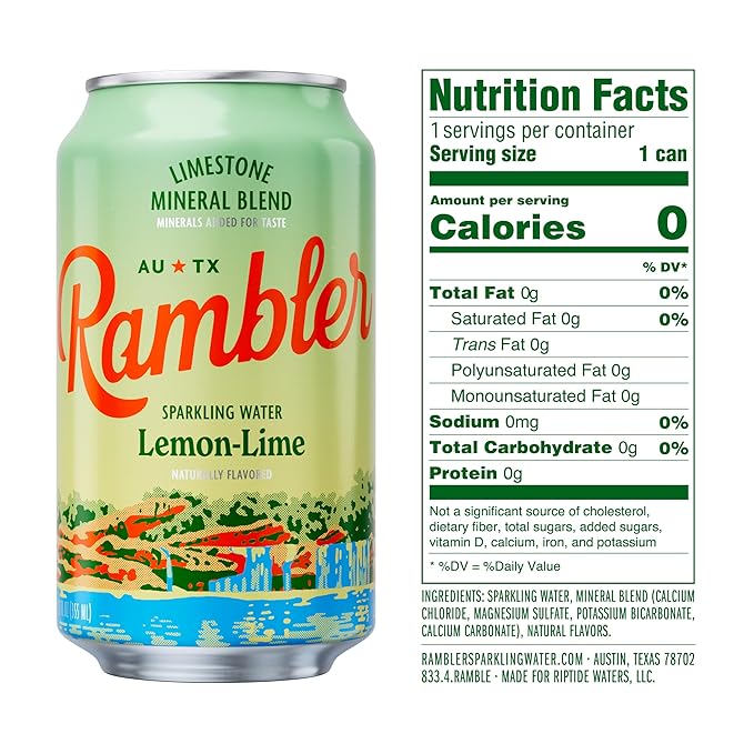 AUTX RAMBLER Sparkling Water, Texas Limestone Mineral Blend, Lemon-Lime Flavor, 12-Ounce Cans, 12-Pack