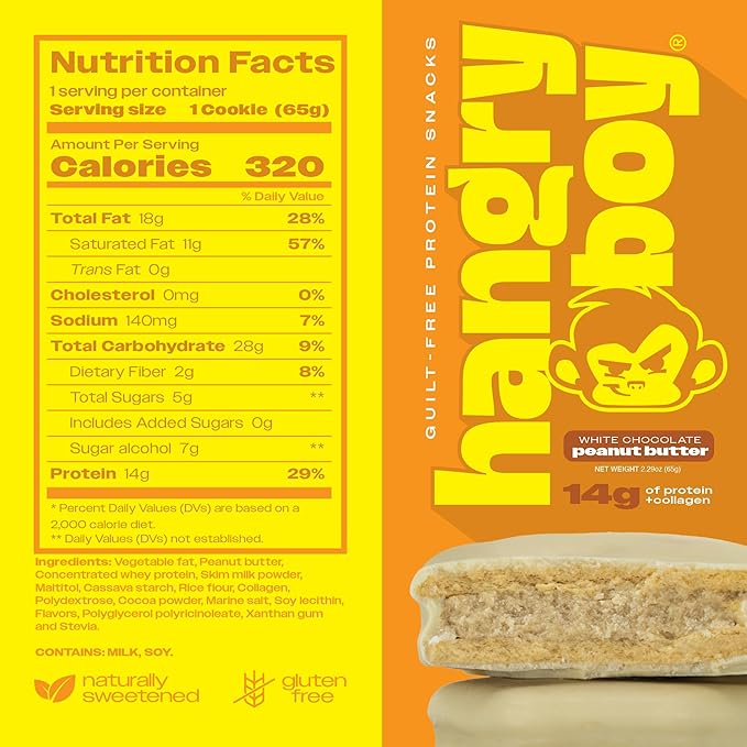 Hangryboy Protein Cookie Sandwich – 14g High Protein, Gluten‑Free, GMO‑Free Cookies - Perfect on The Go Protein Snack, White Chocolate Peanut Butter, 12‑Count Box