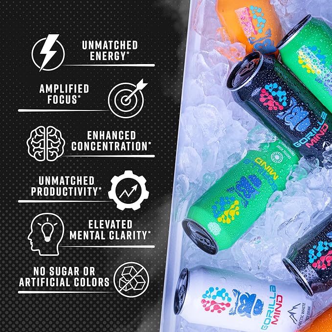 Gorilla Mind Energy Drink | Unmatched Energy · Amplified Focus | N-Acetyl-L-Tyrosine, Alpha-GPC, 200mg Caffeine, Uridine, Saffron | 0 Sugar Or Artificial Colors | 16oz, 12-Pack (Tropic Wave)