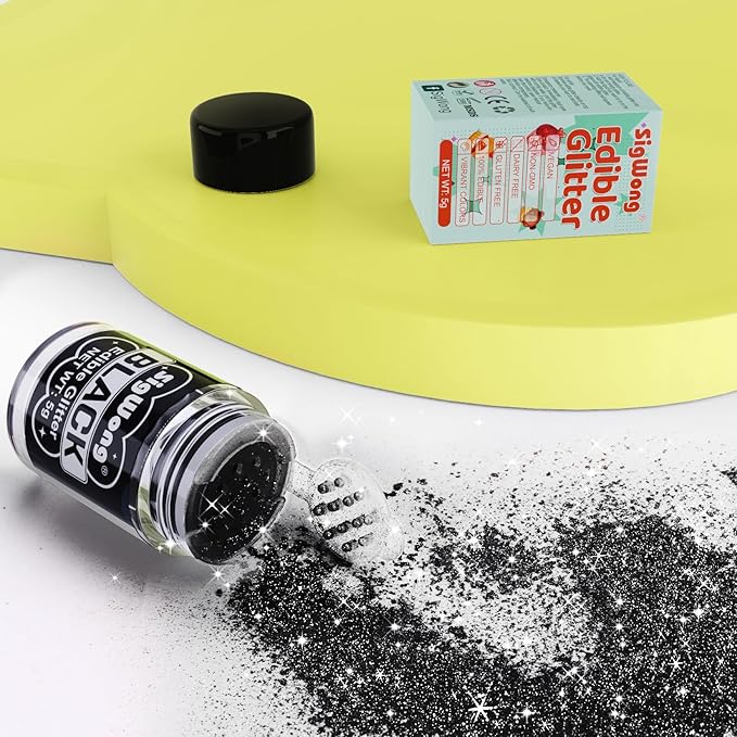 Black Edible Glitter - 5g Food Grade Cake Decorating Shimmering Glitter, Edible Sprinkle Luster Dust for Drinks, Chocolates, Fondant, Strawberries, Cupcakes, Candy, Cookie - Vegan