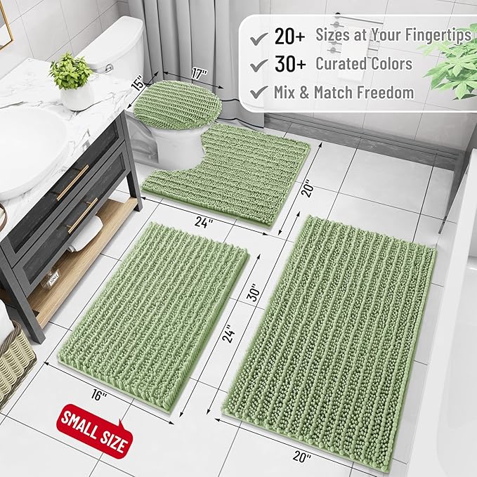 Arotive Luxury Chenille Bathroom Rug Mat, Extra Soft Thick Absorbent Shaggy Bath Rugs, Non-Slip Machine Wash Dry, Plush Bath Mats for Bathroom, Shower and Tub, 30x20, Sage Green