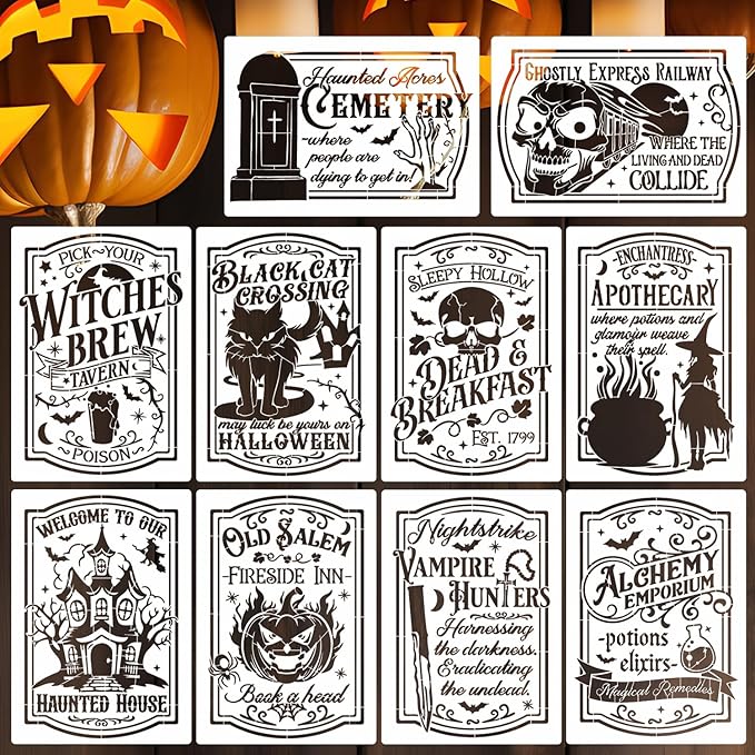 Halloween Stencils for Painting 11.7”x8.26” Reusable Halloween Stencil A4 Skeleton Witch Black Cats Draw Templates for Wood Signs Walls Windows Door Mat Fabrics