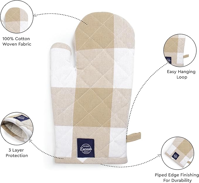 Encasa XO Long 12"x7" Oven Microwave Hand Gloves Mitts (2 pc Set) for Kitchen Cooking & Baking - Heat Resistant, Thick & Safe, Protection of Hands from Hot Utensils - Buffalo Beige Checks