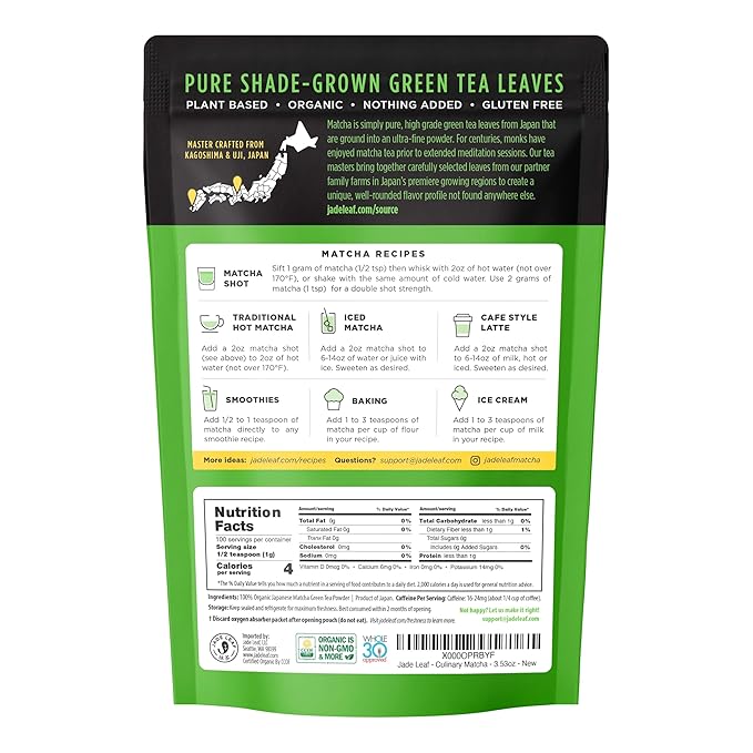 Jade Leaf Matcha Organic Premium Ceremonial Grade Matcha Green Tea Powder - Japanese - Culinary, Ingredient, Ceremonial Barista Teahouse, Latte, Collagen, 3.53 Ounce (Pack of 1), Culinary
