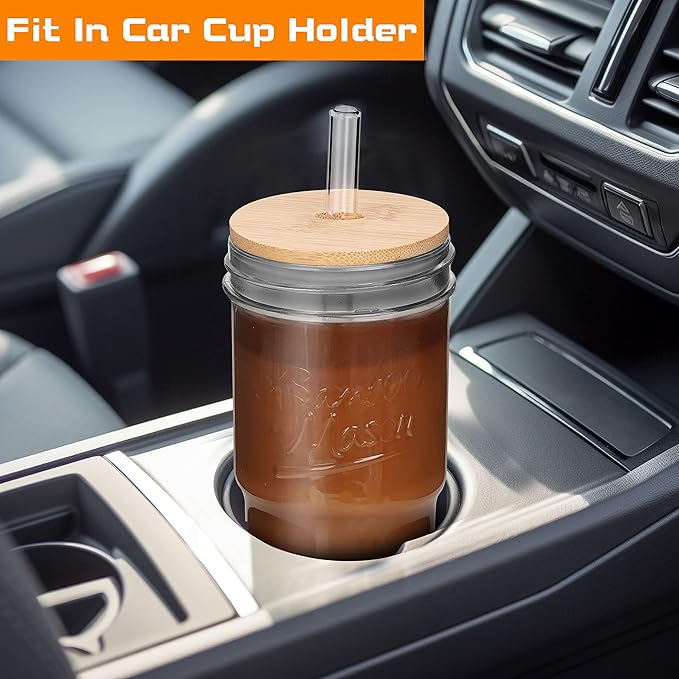 ANOTION Glass Cups with Lids and Straws 2 Packs, 24oz Travel Coffee Mug Wide Mouth Bamboo Mason Jar Iced Coffee Cup Smoothie Cup Glass Tumbler Tea Cup Clear Cute Water Cups Drinking Jars Glasses