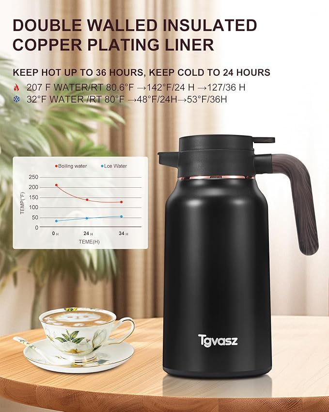 2 PCS Thermal Coffee Carafe 70 oz - 36 Hour Hot Stainless Steel Carafes for Hot Liquids-Insulated Coffee Carafes For Keeping Hot/Cold Coffee, Tea, Water, Drink Dispenser for Parties(Black/Black)
