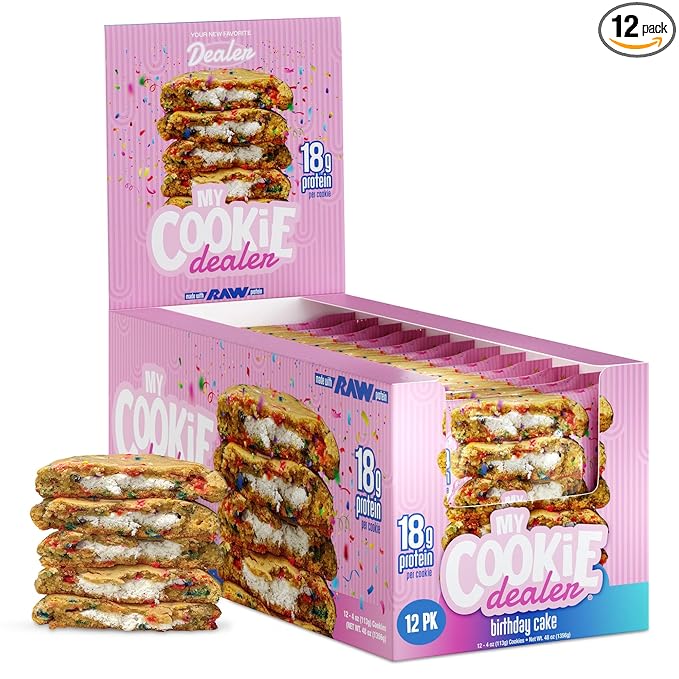 My Cookie Dealer Protein Cookies, Birthday Cake (4oz, Pack of 12) - 18g Protein per Cookie - Individually Wrapped Workout Snacks for On-The-Go Travel