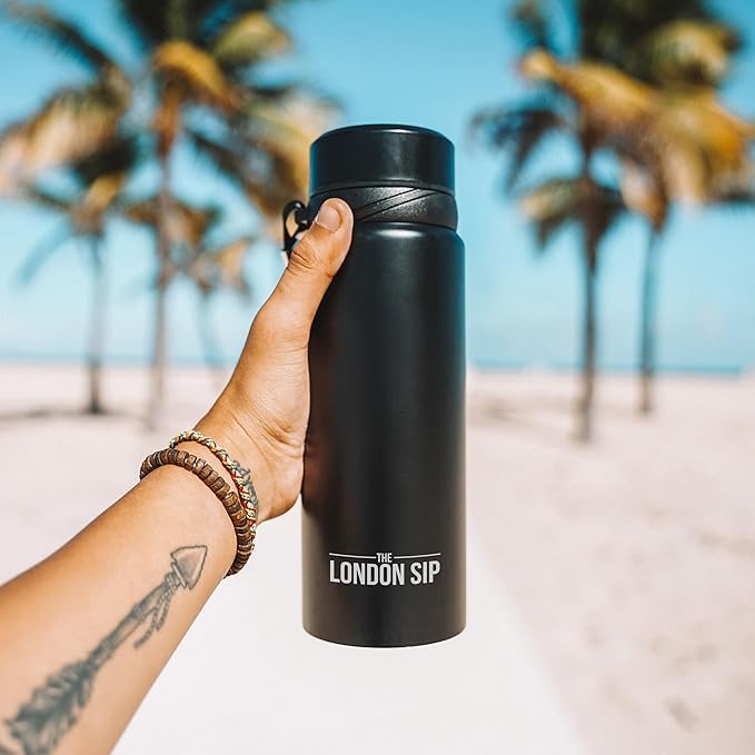 London Sip 25 oz Multi-Function Travel Mug and Tumbler Tea Infuser Water Bottle Fruit Infuser Flask Hot and Cold Double Wall Stainless Steel Coffee Thermos, Zen Black, Pack of 2