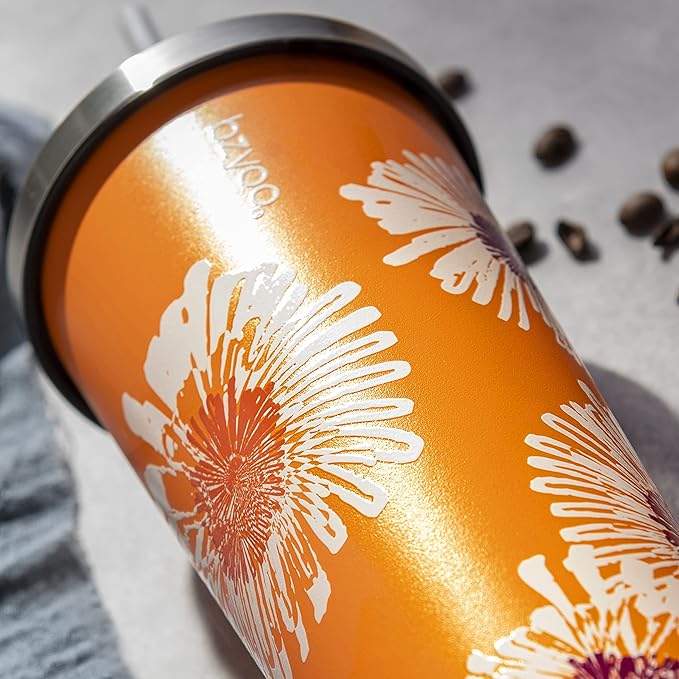 bzyoo SUP Double Wall Vacuum Insulated Tumbler with Straw and Lid Stainless Steel Water Bottle Travel Mug Cup, Mother's Day Gifts For Him & Her (710ml) Color: Orange Precious Bloom
