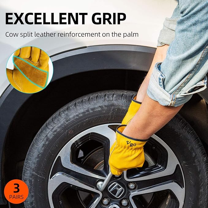 Vgo 3-Pairs Unlined Cow Grain Leather Work and Driver Gloves with Cow Split Leather Palm Patch (Size XL, Gold,CA9590)