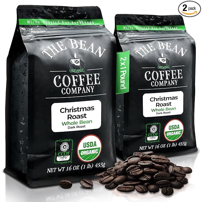 The Bean Organic Coffee Company Christmas Roast, Dark Roast, Whole Bean Coffee, 16-Ounce Bags (Pack of 2)