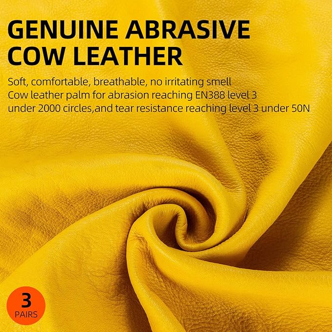 Vgo 3-Pairs Unlined Cow Grain Leather Work and Driver Gloves with Cow Split Leather Palm Patch (Size L, Gold,CA9590)