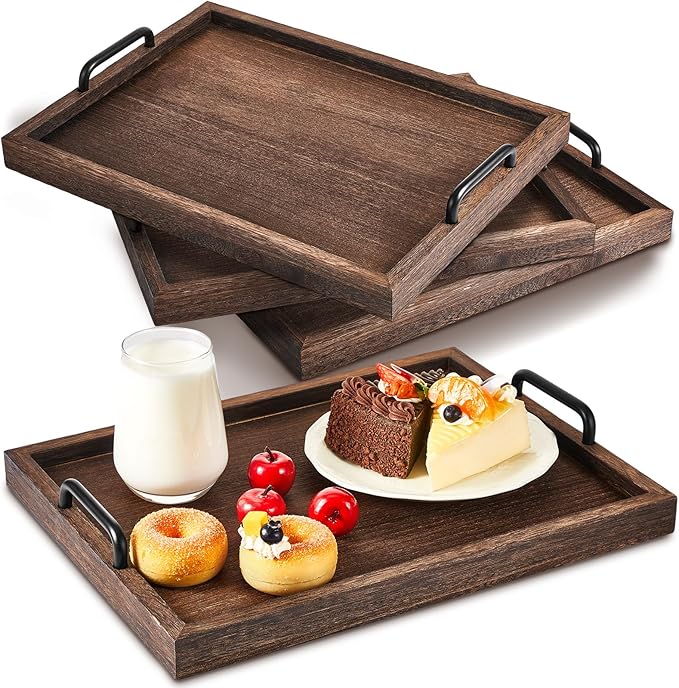 Lallisa 4 Pcs Large Wooden Serving Trays Decorative 15.75 x 11.81 x 2.36 Inch Ottomantray Rustic with Handle for Banquet Party Rectangular Lap Tray for Breakfast Coffee Table Picnic Bed Eating