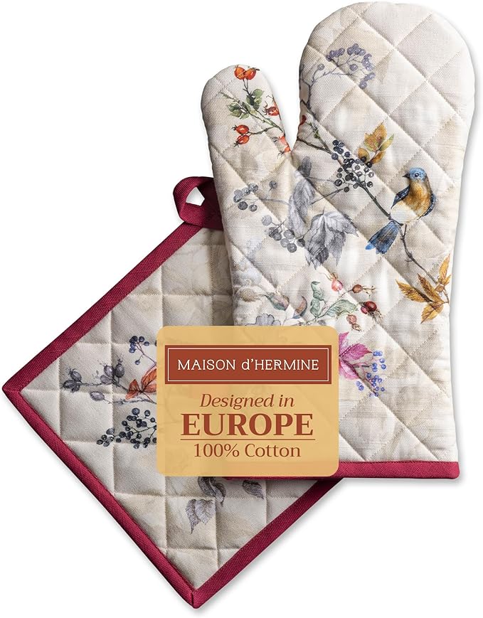 Maison d' Hermine 100% Cotton Oven Mitt & Pot Holder Set (7.5"x13" & 8"x8") Heat Resistant BBQ Cooking Gloves with Loop, Baking, Grilling, Kitchen, Handling Hot Pans (Equinoxe - Beige)